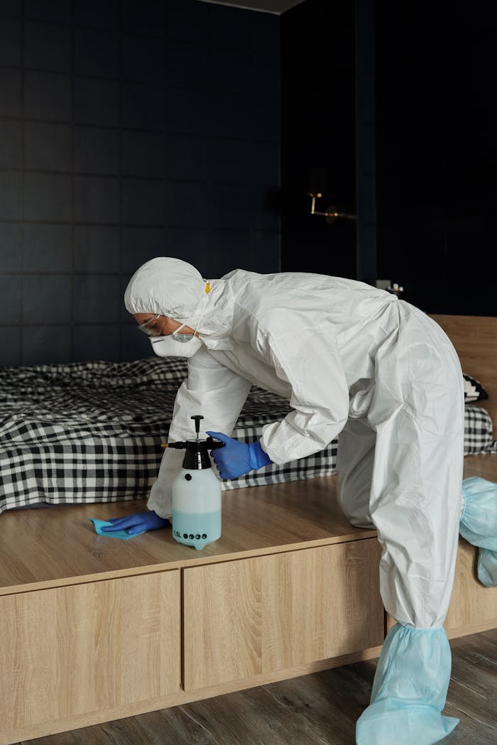 why-choose-us A worker in full protective gear disinfecting a bedroom with a spray bottle and cloth.